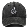Vintage washed grey baseball cap featuring a skeleton drinking tea embroidery - Adjustable / Black
