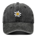 Close-up of white daisy embroidery and yellow smiley face on black washed denim baseball cap - Adjustable / Black