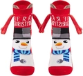 Red magnetic Christmas socks with snowman pattern and 3D arms on white background - Red Christmas Snowman Hand Holding