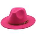 Close-up of rose red wool felt fedora with brown leather belt and golden metal buckle - Rose Red