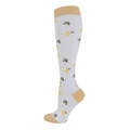 White and yellow compression socks with bee and honeycomb patterns on a leg model - Bee