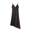 Dark coffee satin slip dress with delicate lace trim and asymmetric hemline - XS / Coffee