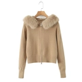 Khaki hooded knit cardigan with faux fur collar and metal zipper closure for women - S / Khaki