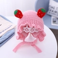 Pink knit baby hat with strawberry earflaps and soft ribbed texture for toddlers - Rose Red Strawberry - Lined