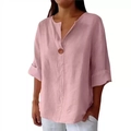 Haut en lin rose à col en V avec bouton unique pour une tenue d'été décontractée et ample - 3XL / Rose