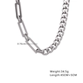 Detail view of silver Cuban chain and rectangle link necklace with size specifications - Steel