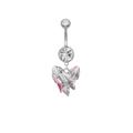 Detailed view of silver belly ring with pink enamel butterfly wing and clear gemstone - Pink White Enamel Heart Wing (24060301-4)