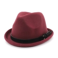 Close-up of wine red wool felt hat featuring a black ribbon band and golden metal buckle - M (56-59cm) / Burgundy