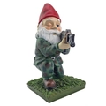 Gnome garden statue holding rifle in red hat and camo outfit on grass base - Red-hatted Crouching Camouflage Gunman Dwarf