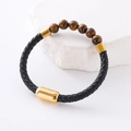 Herren Lederarmband geflochten mit Tigerauge-Perlen und goldenem Magnetverschluss - Tigerauge Perlen Geflochtener Stil / Schwarz/Gold