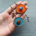 Asymmetric bohemian drop earrings in antique copper with orange and cyan enamel detailing - Blue (Asymmetric Orange & Blue Discs)