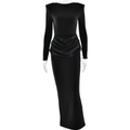 Elegant black long-sleeve maxi dress with side ruching and a slim fit drape silhouette - M / Black