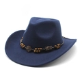 Detail of navy wool felt cowboy hat with ethnic beads and wooden tribal trim - Navy Blue