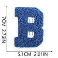 Detail shot of 7cm blue chenille letter B patch with white felt backing and dimensions - Blue-Letter B