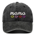 Washed black cotton baseball cap with white mama embroidery and colorful hearts - One Size / Black