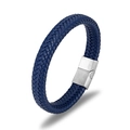 Detail of dark blue braided leather bracelet with brushed silver stainless steel clasp - 21.5cm / Blue Leather/Silver Clasp