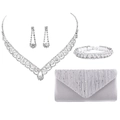 Silver bridal jewelry set with necklace, earrings, bracelet and grey rhinestone clutch bag - White