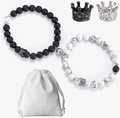 Magnetic couple crown bracelets set with black matte beads and white marble stones - Couple Bracelets with White Pouch