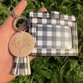 Detail of black and white checkered card holder with tassel and engraved wooden tag - Black and White Plaid