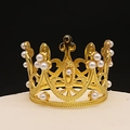 Elegant gold cake topper crown with heart cutouts and white pearls on black background - Alloy Type / Mini No Rhinestone Gold