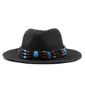 Détail d'un chapeau de paille noir avec ruban perlé ethnique turquoise et pierre vintage - Noir