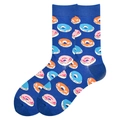 Dark blue crew socks featuring colorful donut patterns and ribbed cuffs for men - Dark Blue Donut