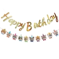Golden glitter Happy Birthday banner with cats wearing party hats and bow ties decoration - Script Birthday and Cat Garland Set