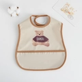 Waterproof baby bib in beige with bear print and catch-all pocket for feeding - Pu Bib (double-layer Pocket) - Brown-edged Little Brown Bear / One Size