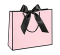 Pink gift paper bag with black border and handle featuring a large black ribbon bow - Black Frame Pink; Horizontal Extra Small Size 19*15*7 Ribbon Style.