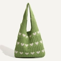 Bolso de punto verde con patrones de corazones blancos y correa de hombro trenzada - Verde con corazón blanco - tres filas