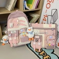 Pink and lilac color-block backpack and tote bag set with cute plush duck pendants - 2-Piece Set (Backpack + Shoulder Bag) with Accessories / Pink