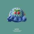 Blue hand-knitted bucket hat with 3D red cherry and green leaf crochet details - One Size / Cherry Blue