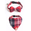 Red plaid pet collar set with bow tie and bandana featuring a silver bell and buttons - Black and Red Plaid Set