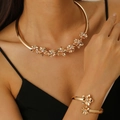 Vintage gold floral collar necklace and open cuff bracelet set with crystal accents - Gold Rhinestone Flower Set (Choker + Bracelet)
