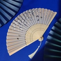 Classic bamboo folding fan with beige silk fabric featuring floral and butterfly patterns - Beige Flower Butterfly