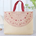 Floral non-woven tote bag with red mandala pattern and red handles on beige background - 30*40*10cm / Faux Linen Red