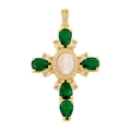Detail of golden cross pendant with green pear-shaped gemstones and central relief - Style 29/Gold Green Teardrop White Shell Relief