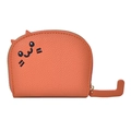 Cute orange cat-shaped card holder in lychee grain leather with embroidery detail - Orange