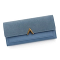 Morandi blue long PU leather wallet featuring a matte finish and gold V-shaped metal buckle - Blue