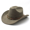 Chapeau de cowboy en laine vert olive avec boucle tête de mort et ruban en cuir marron - Vert Armée (Daim Synthétique)