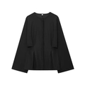 Close-up of black long-sleeve round neck shirt featuring waist pleats on white background - XS / Black Top