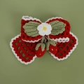 Handmade crochet strawberry bow hair clip with red knitted mesh and white flower detail - Red Mesh Strawberry