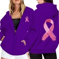 Deep purple zip-up hoodie featuring pink ribbon prints on the front and back view - S / Deep purple
