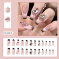 Pink and black ombre press-on nails with 3D crystal hearts and silver bow accents - Pink and Black Gradient Heart Bow Style (ZTD-0058)