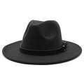 Classic black wide-brim wool fedora hat with a leather band and gold buckle detail - M (56-58cm) / Black