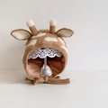Brown giraffe style knitted baby hat with ears and chin straps for infants - Coffee Sika Deer - Lined