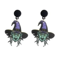 Halloween purple witch hat and green face acrylic drop earrings on a white background - Purple Hat Witch