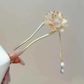 U-shaped hair pin with white enamel flower, crystal center, and pearl tassels in gold - White Peony Double Prong - Gold