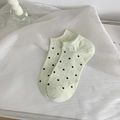Pale green polka dot invisible cotton boat socks with black dots and ribbed cuffs - One Size / Green
