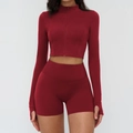 Veste de sport slim rouge foncé à manches longues avec fermeture éclair et short assorti - L / Cuivre Rétro